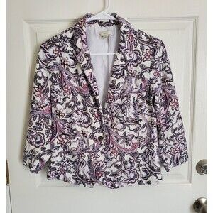 Cato Est 1946 Blazer Jacket Womens Small Paisley 3/4 Sleeve White Pink Lavender